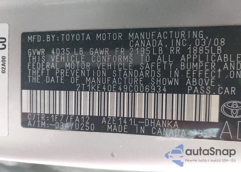2009 Toyota Matrix S z USA, uszkodzony, nr VIN 2T1KE40E49C006934